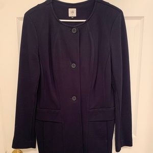 Cabi knee length navy jacket. A ponte material